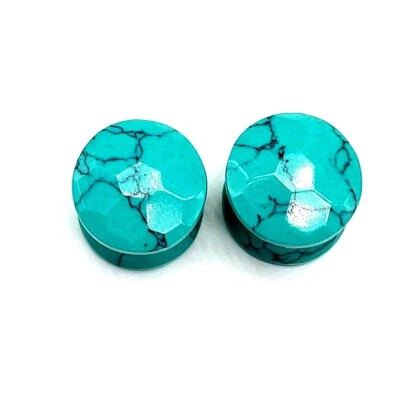 Blue Turquoise Cut Plugs, Double Flare, Beautiful Handmade PAIR  Size 3mm to 50 - Image 1 of 4