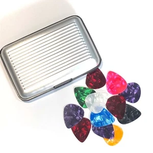 12 x Plectrum Picks with Silver Metal Wallet Gift Guitar 0.50mm 0.73mm 0.90mm - Picture 1 of 2