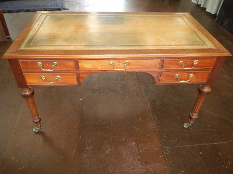 Antique Five-Drawer Gilt Embossed Leather Top Writing Desk Cover