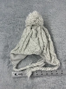 H&M Beanie Toque Youth 4-8Y Gray Cable Knit Acrylic Poly Ear Flaps Lined Ski Pom - Picture 1 of 8