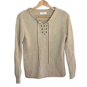 Elodie | Suéter Beige Tostado Acanalado Escote con Cordones Talla Mediana - Imagen 1 de 5