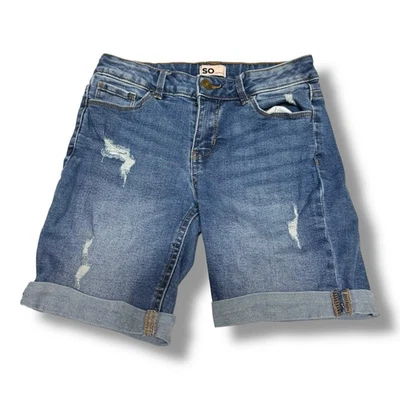 Shorts jeans azul algemado desgastado feminino SO tamanho 12 - Imagem 1 de 4