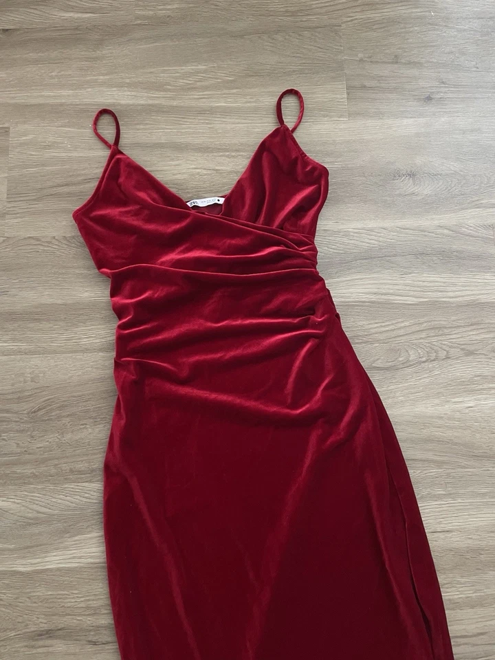 Zara Blogger Samt Kleid Velvet Rot Weinrot Bordeaux Stretch Maxikleid Elegant - Bild 1 von 4
