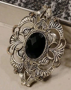 Ornate Victorian Inspired Black ACRYLIC Gem Metal Filigree 2.25" Brooch, Goth! - Picture 1 of 7