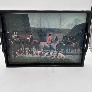 Vintage English Fox Hunt Scene Equestrian Hound Horse Wood Serving Tray - Picture 1 of 12