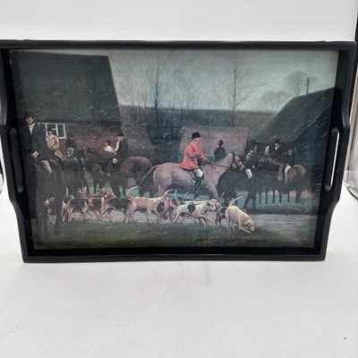 Vintage English Fox Hunt Scene Equestrian Hound Horse Wood Serving Tray - Image 1 of 4