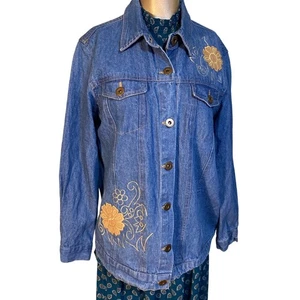TANTRUMS denim shacket shirt long sleeve embroidered women large Floral - Picture 1 of 5