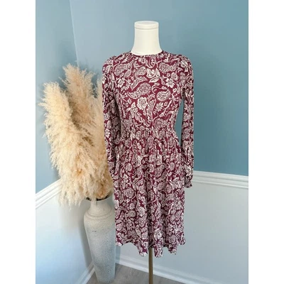 NWT Zara Girls Long Sleeve Paisley Pleated Midi Dress Size 13/14 Burgundy - Image 1 of 4