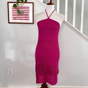 Old Navy Womens Pink Crochet Halter Dress Sz XS Retro Beach Y2K 90s Dopamine - Picture 1 of 9
