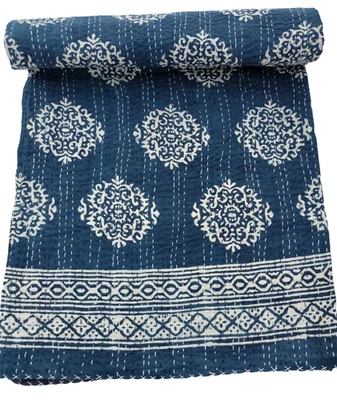 Colcha Kantha Azul India Estampado en Bloque a Mano Colcha Manta Talla King Foto 1 de 4