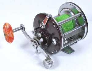 Vtg Penn Peer 209 Level Wind Ocean Fishing Reel Red/Orange & Creme Swirl Handle - Picture 1 of 11