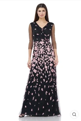 New JS Collections Embroidered Mesh Surplice Gown In Black/ Blush Size 8 $398 - Image 1 of 4