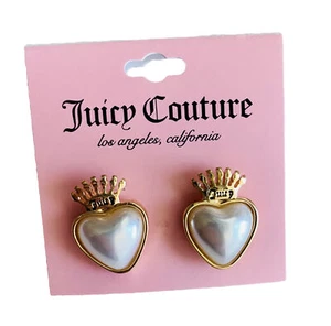 Juicy Couture Jewelry heart Shaped pearl crown stud earrings Gold Tone Logo - Picture 1 of 8