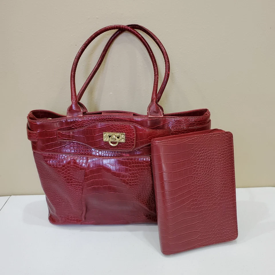 Merona Laptop Tote Handbag Burgundy Faux Leather with Dayplanner- flaw - Image 1 of 4