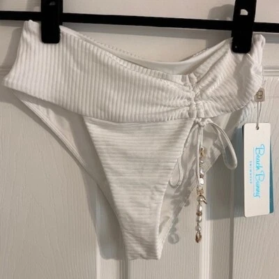 Maiô Beach Bunny Natalie cintura alta parte inferior branca com nervuras XS - Imagem 1 de 4