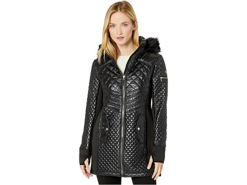 Cappotto con cappuccio Michael Kors nero trapuntato misto misto finiture in pelliccia sintetica taglia M