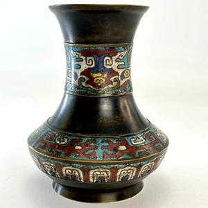 Vintage japanische Bronze Champlevé Vase Emaille Taotie Motiv 7" Mid-Century - Bild 1 von 19