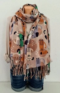 XL Winterschal Wendeschal Tuch weiche Viskose Hunde/Knochen Fransen Taupe/Bunt - Bild 1 von 5