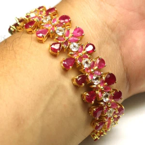 Gemstone Red Pink Ruby & White Topaz Bracelet 8.5" 925 Silver 18K Gold Plated - Picture 1 of 5