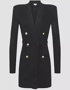 L'AGENCE Noe Double-Breasted Coat Metallic Rib-knit Cardigan M Black Long Jacket - Picture 1 of 15