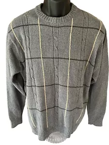 Basic Editions Knit Sweater Men's Large Gray Tan Brown Checkered Crew Neck - Picture 1 of 8