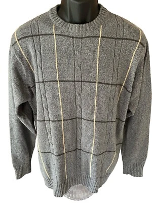 Basic Editions Knit Sweater Men's Large Gray Tan Brown Checkered Crew Neck - Image 1 of 4