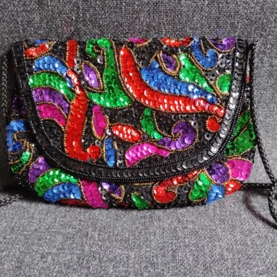 Bolsa/embreagem de lantejoulas vintage preta azul vermelha verde roxa rosa 8 polegadas - Imagem 1 de 4