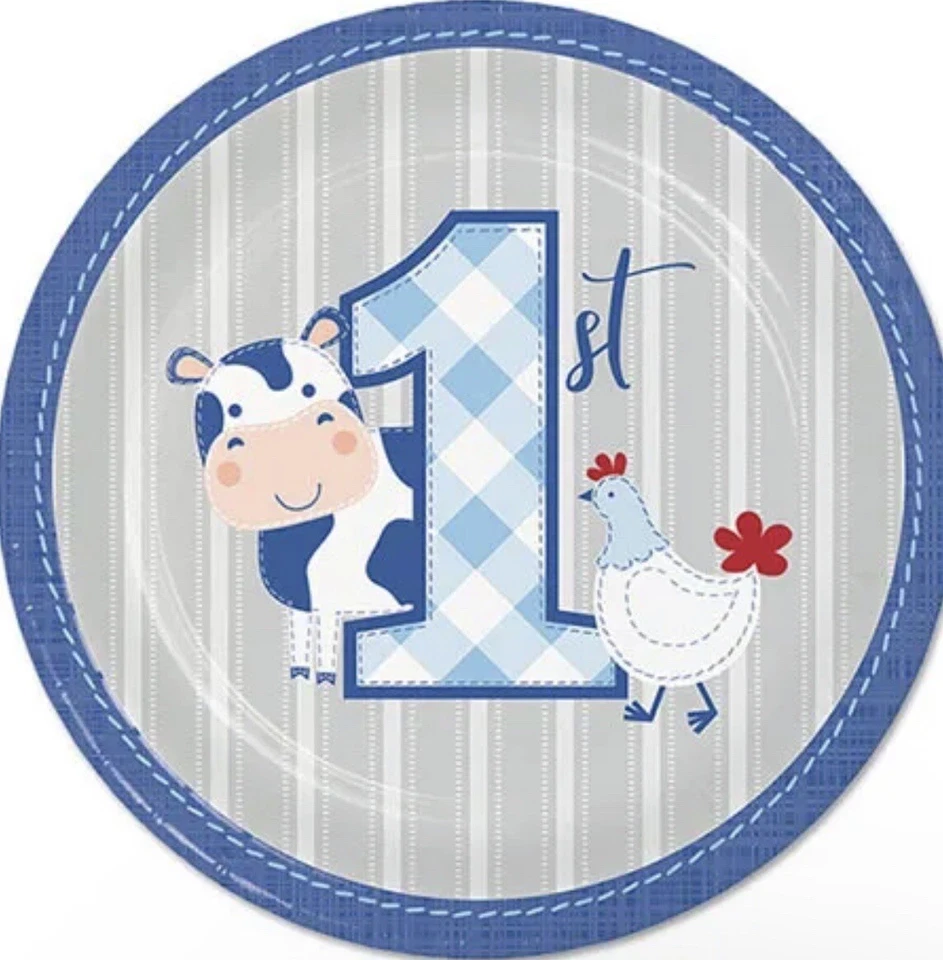 1ST BIRTHDAY Farmhouse Boy SMALL PAPER PLATES (8) ~Party Supplies Dessert One - Image 1 of 1