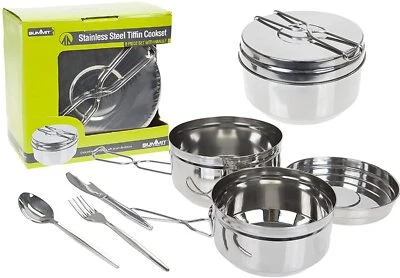 6pc Stainless Steel Cookware Set BBQ Camping Outdoor Hiking Cooking Tiffin Pan - Image 1 of 4