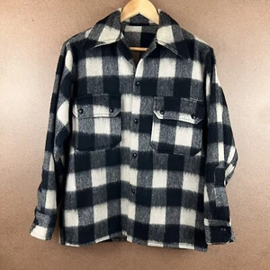 VTG 50s Buffalo Plaid Wool Shirt Jacket Shacket Black & White Small - Picture 1 of 7