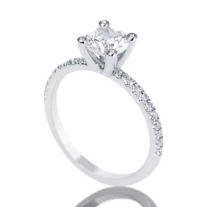 Anello di fidanzamento 1 carato F VVS2 diamante classico taglio tondo oro bianco 14 carati - Foto 1 di 5