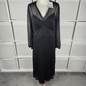 Next Black Midi Dress Size 14 Crinkle Sheer Chiffon Long Sleeve New RRP £64 - Picture 1 of 14