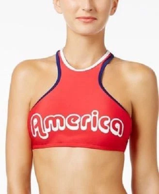 Traje de baño bikini California Waves pequeño rojo América cuello alto TOP NUEVO CON ETIQUETAS S Foto 1 de 2