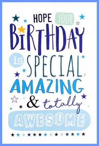 Open Male Birthday Card With Envelope - Blue and Green Writing with Stars - Picture 1 of 4