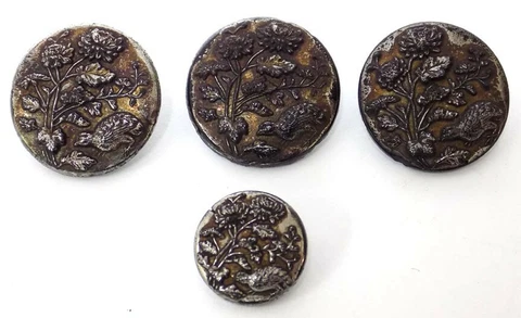 4 Game Bird & Flower Buttons Silver, Copper Luster on Black Glass Cover
