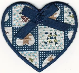 2 1/4" Blue Bow Goose Heart Printed Teddy Bear Fabric Embroidery Patch - Picture 1 of 1