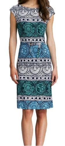 Abito Tory Burch S Kalvin seta blu verde bianco tubino senza maniche elasticizzato