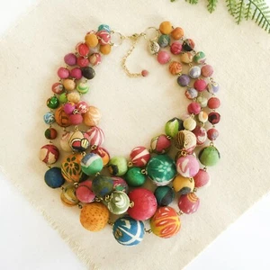 Fair Trade Orb Statement Necklace Upcycled Textile Beads Handmade Boho Recycled - Picture 1 of 17