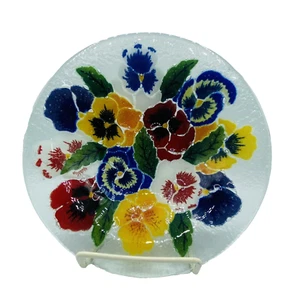 Peggy Karr Fused Art Glass Colorful Pansies Pansy Bowl 8" Floral Signed - Picture 1 of 9