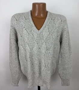 Vintage Argyle Knit Sweater Mens Large Wool Blend Open Knit Heather Gray V-neck - Picture 1 of 12