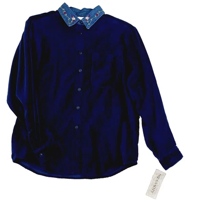 Blusa Talla M Azul Terciopelo Sensación Bordada Bloomcore Whimsycore Cottagecore Y2K Foto 1 de 4