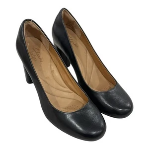 Clarks Indigo Black Leather Round Toe Pumps Heels Womens 7.5 EU 38 3inch Heels - Picture 1 of 6