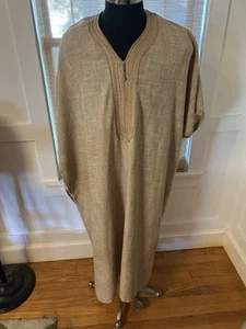 Vtg Tan Boho Hippy Cult Caftan Ethnic Moroccan Embroidered Maxi Lounge Robe - Picture 1 of 7