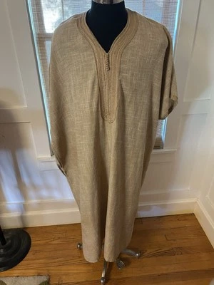 Vtg  Tan Boho Hippy Cult Caftan Ethnic Moroccan Embroidered Maxi Lounge Robe - Image 1 of 4