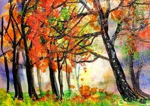 ACEO Original Gemälde BÄUME Herbst Blätter Landschaft HERBST Sonne Saisonal ATC ART - Bild 1 von 1