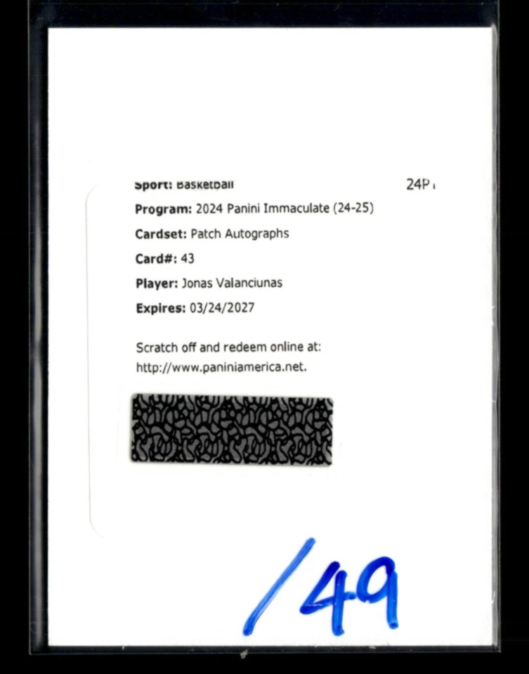 Jonas Valanciunas 2024-25 Panini Immaculate Patch Auto /49 Redemption [mty - Image 1 of 2