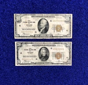 2 Piece Lot - 1929 THE FEDERAL RESERVE BANK of CHICAGO Notes $10 & $20 Bills - Picture 1 of 2