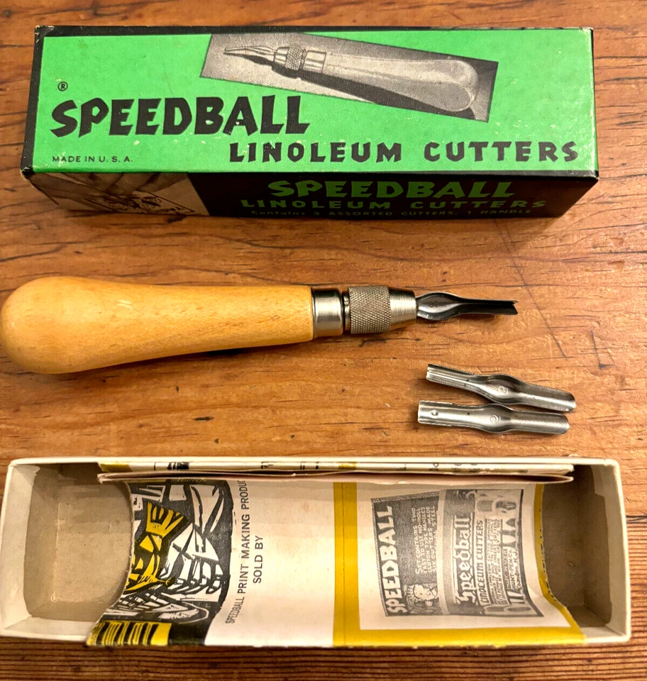 Caja CORTADORA DE LINÓLEO SPEEDBALL de colección, 3 hojas, folleto, herramienta de mango de madera Foto 1 de 1