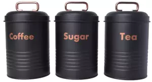 Set of Three Black Stainless Steel Canisters Tea, Coffee & Sugar , 11CM X 18.5CM - Picture 1 of 5