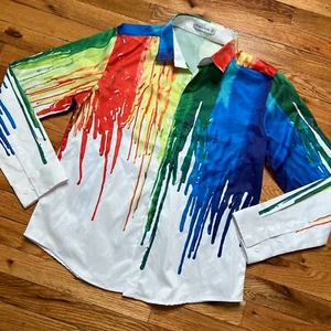 Mens Artistic Button Down Shirt Rainbow Paint Splatter by Ding Ge Fu Shi Size M - Picture 1 of 10
